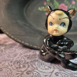 RARE Kewpie Black Cat Pixie Figurine - MCM Elf Miniature Large Ears 1950s Japan